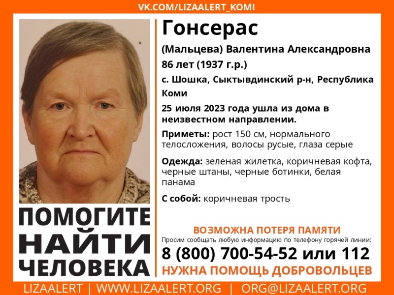 В Сыктывдинском районе пропала 86-летняя женщина с тростью
