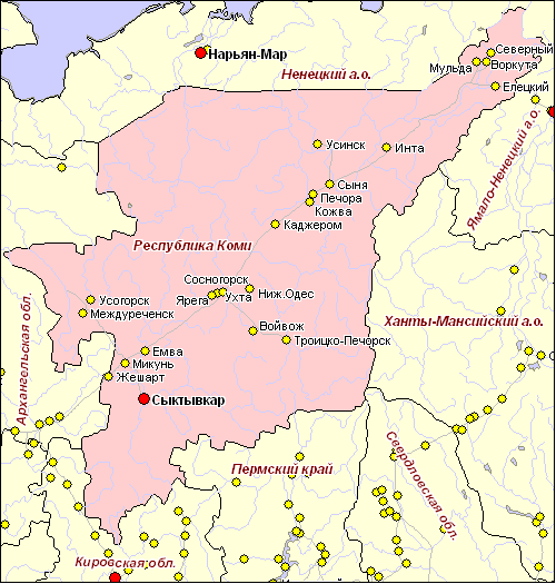 Карта Республики Коми с городами, районами и посёлками