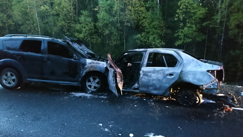 В Сысольском районе после лобового столкновение загорелись две иномарки, погиб начинающий водитель