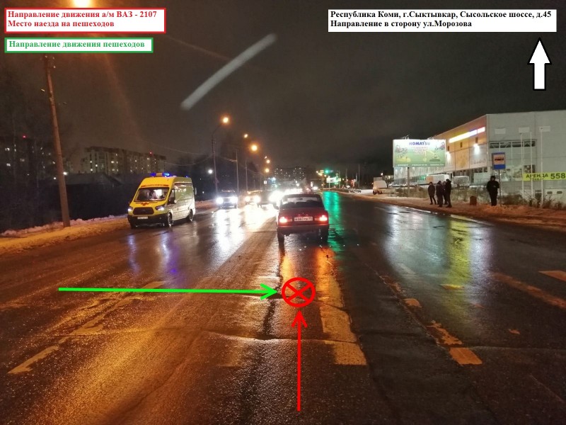 В Сыктывкаре начинающий водитель "семерки" сбил двух пешеходов