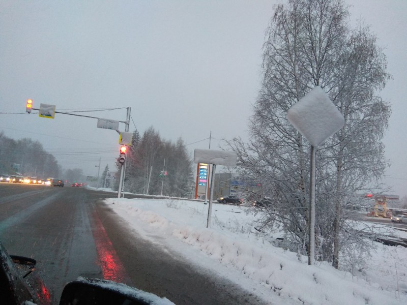 Этот май озорник: в Сыктывкаре все дорожные знаки залепило снегом