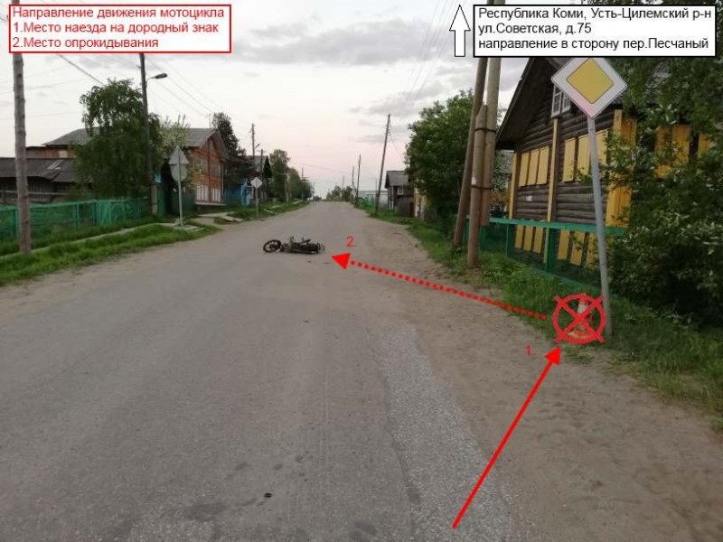 В Усть-Цильме молодой мотоциклист снес дорожный знак и получил тяжелые травмы