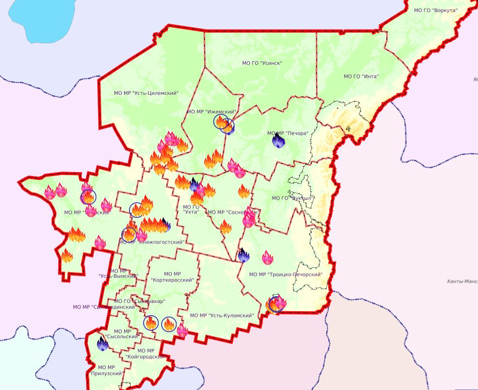 Карта лесных пожаров коми