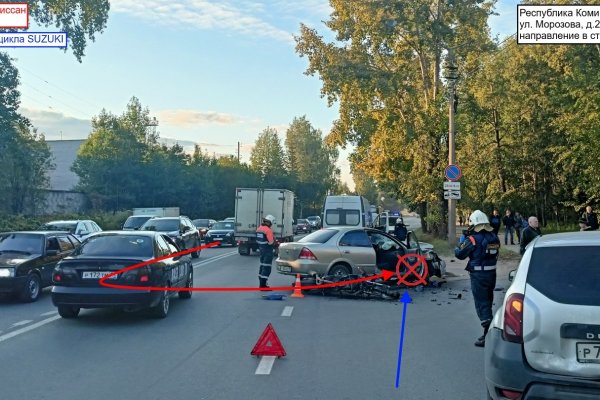 В Сыктывкаре 74-летний водитель Nissan не пропустил начинающего мотоциклиста