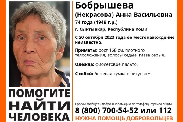 В Сыктывкаре ищут пенсионерку в фиолетовом пальто