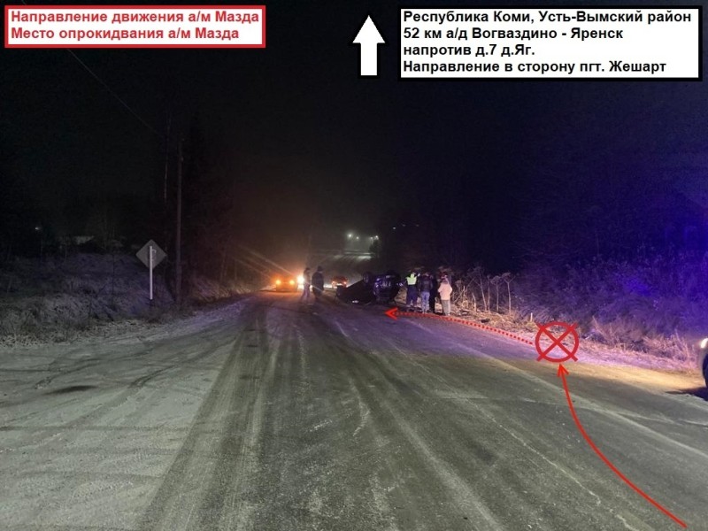 В Усть-Вымском районе водитель Mazda опрокинулся на проезжей части 