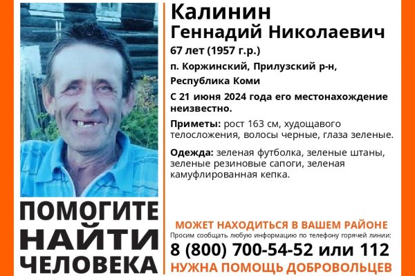 В Прилузском районе ищут пропавшего 67-летнего мужчину в зеленой футболке
