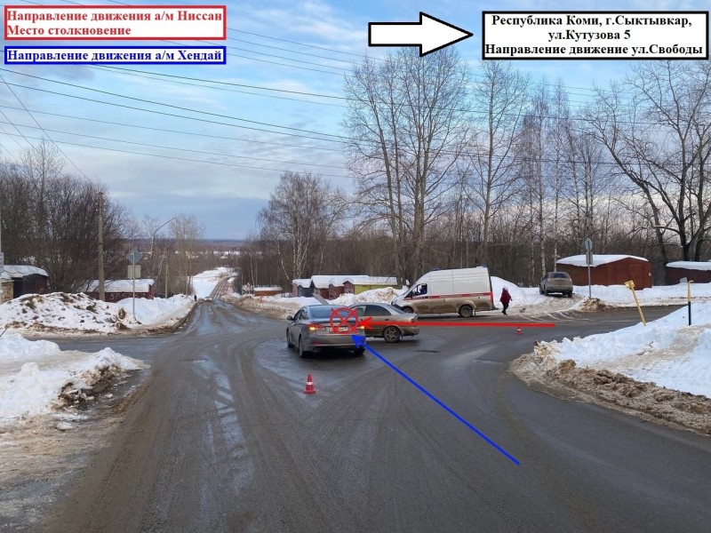 В Сыктывкаре после столкновения Nissan и Hyundai госпитализировали двух девушек