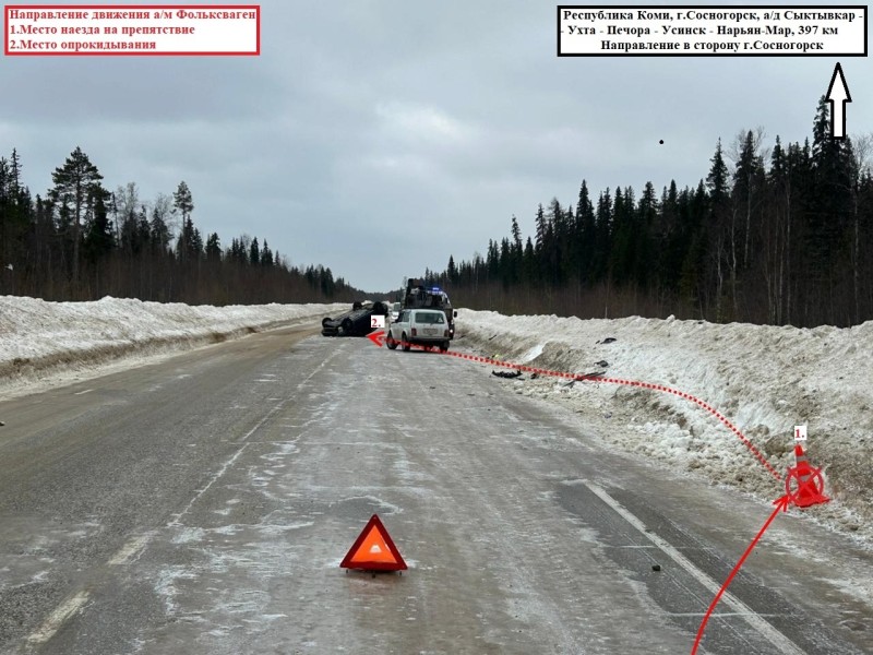 Под Сосногорском Volkswagen Polo въехал в снежный вал и перевернулся

