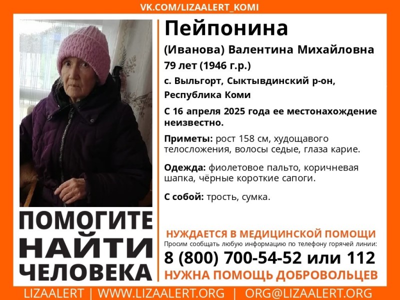 В Выльгорте пропала пожилая женщина в фиолетовом пальто
