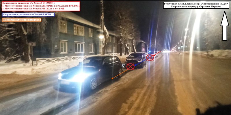 В Сыктывкаре два Hyundai Solaris и BMW не поделили Октябрьский проспект